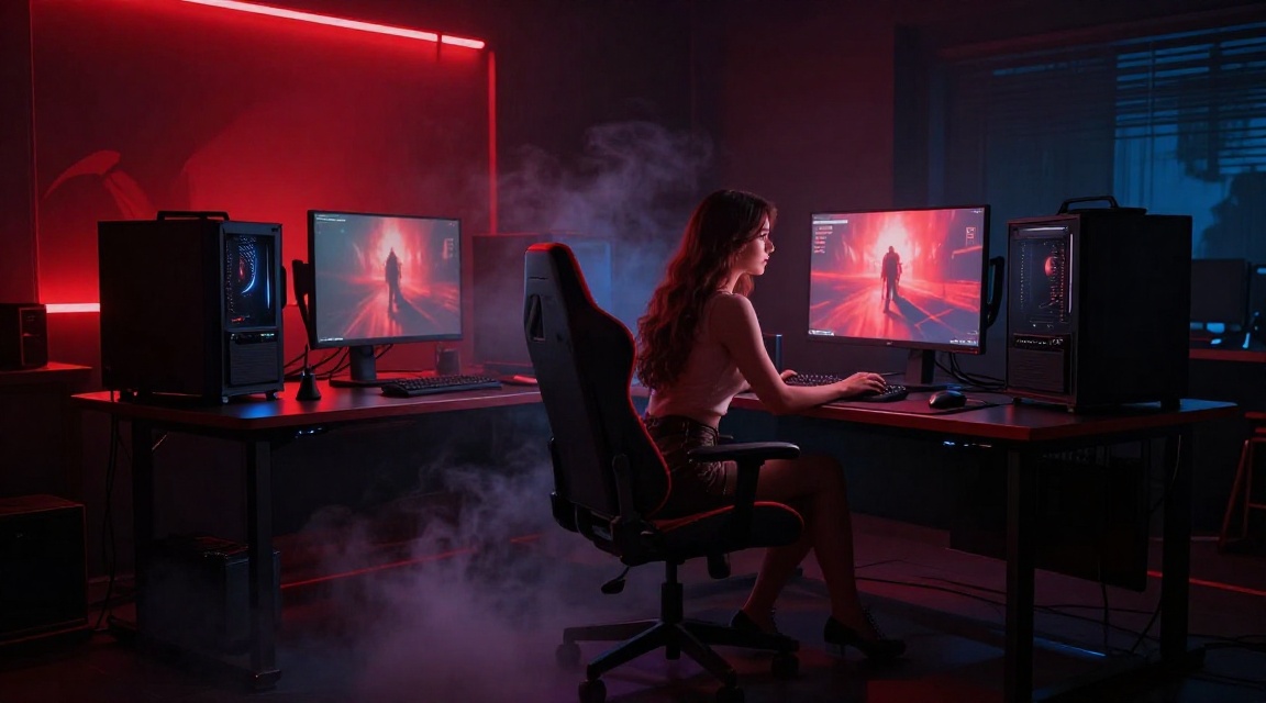 Геймерская установка с атмосферным освещением в стиле survival horror