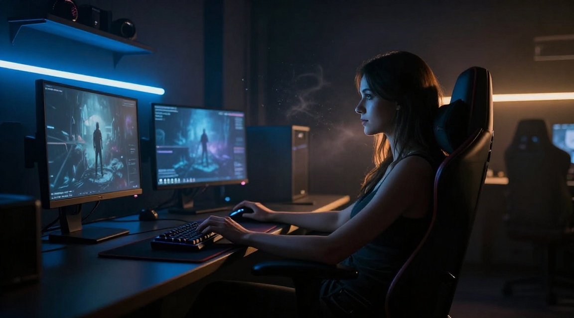 Атмосферный кадр с силуэтом геймера за игровым ПК в ночи