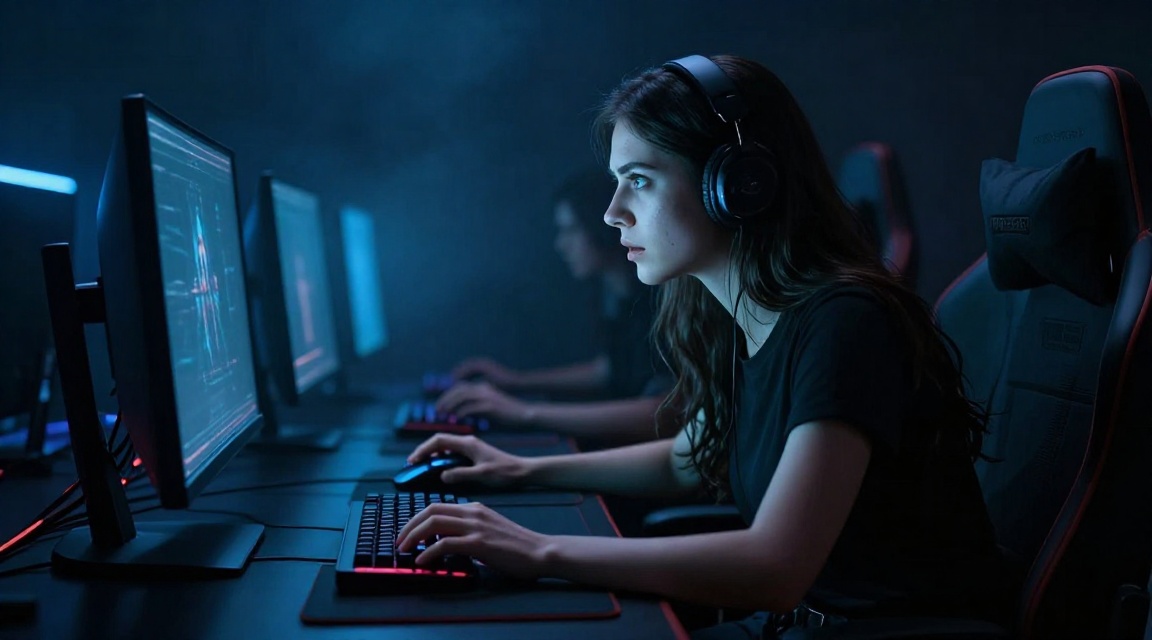 Геймерша погружена в атмосферный хоррор за игровым ПК