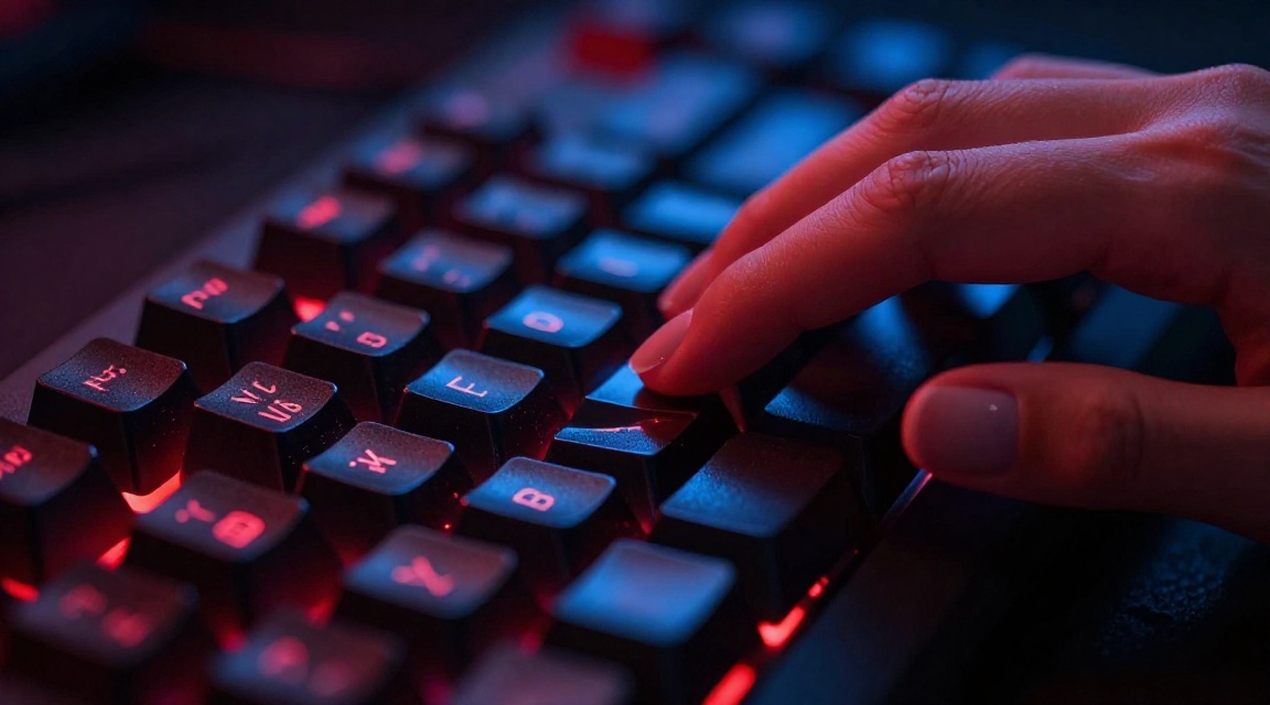 Крупный план рук на игровой клавиатуре с атмосферной RGB-подсветкой в стиле хоррор
