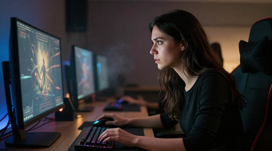 Геймерша за компьютером в атмосфере хоррор-игры